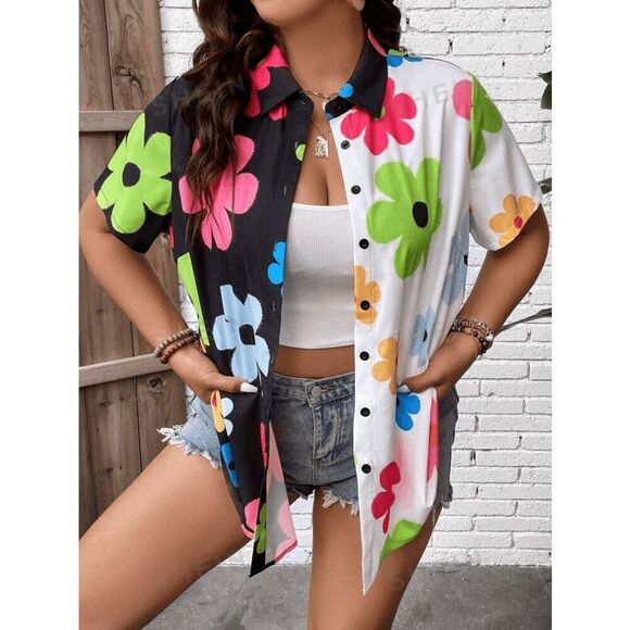 Joress Curve Shein Women's Size 1X Floral Print Colorblock Short Sleeve Button U - Picture 2 of 10